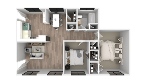 a 3d rendering of a bedroom with a bathroom and a living room